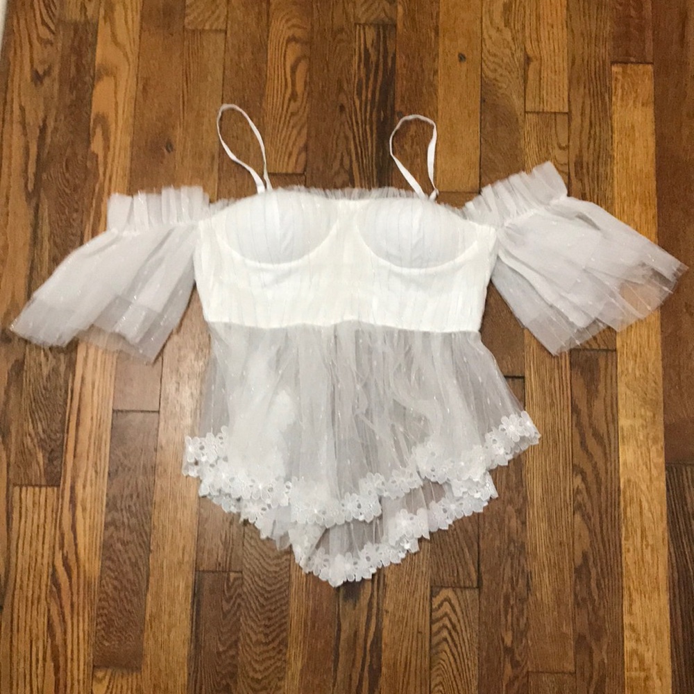 Nasty Gal frilly white & gold crop top